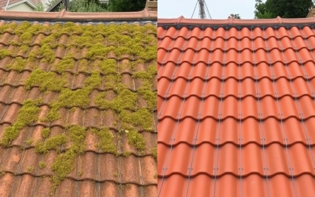 Before and after a soft wash roof clean in Cobham