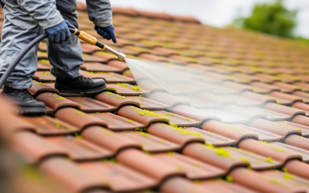 Soft wash roof cleaning in progress